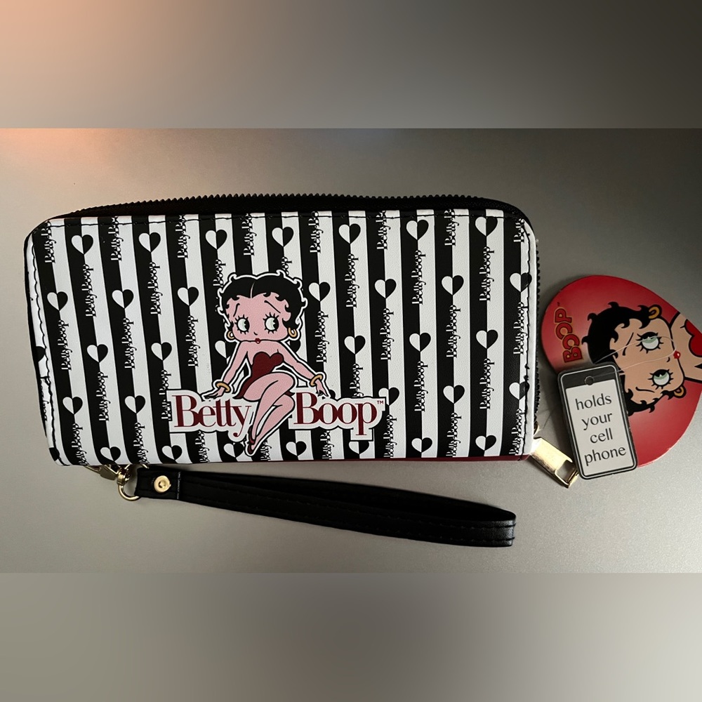 BETTY BOOP Double Zip Wristlet Phone Wallet, Heart Dot Black White Stripe